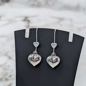 925 Sterling Silver Filled Double Puffy Heart Dangle Earrings